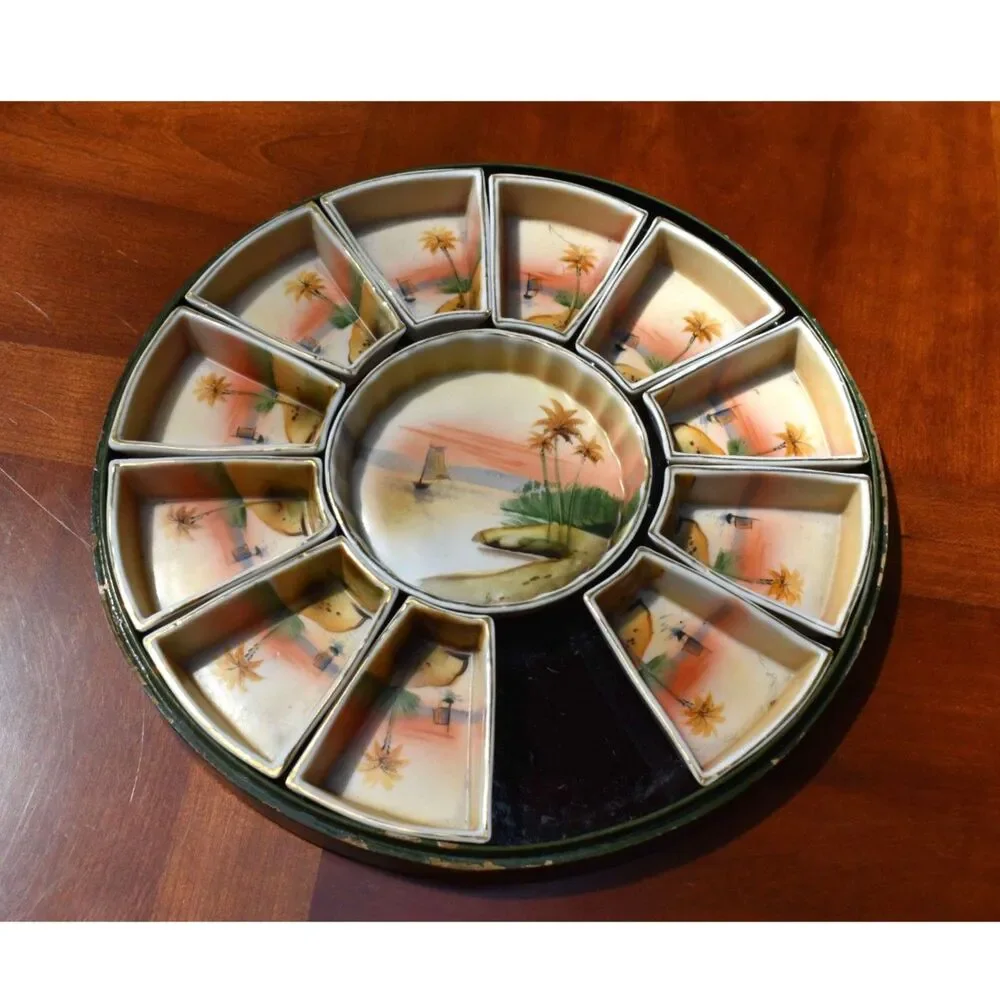 Antique Nippon 13 Piece Hand Painted Porcelain Sweetmeat Set Green Lacquer Box